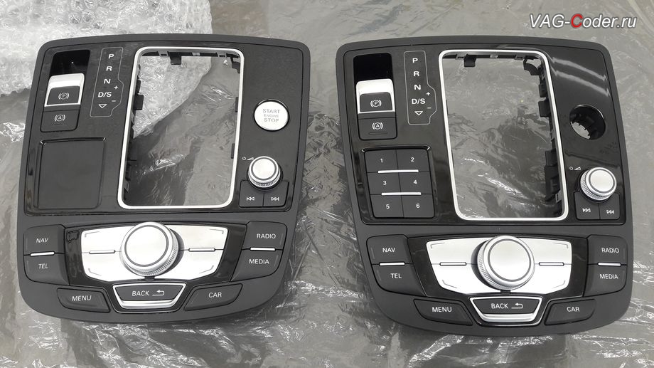 Audi A6(С7)-2018м/г - новая (слева) и старая (справа) консоль управления магнитолой, замена магнитолы RMC на MIB-2 High с LTE и поддержкой функции Audi Smartphone в VAG-Coder.ru