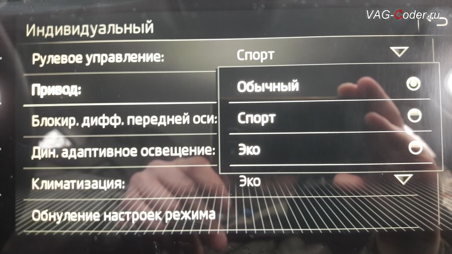 Skoda Octavia A7 Scout-2015м/г - варианты дополнительных возможных настроек различных систем режима Индивидуальный функций Выбор режима движения (Drive Mode, FPA) в VAG-Coder.ru