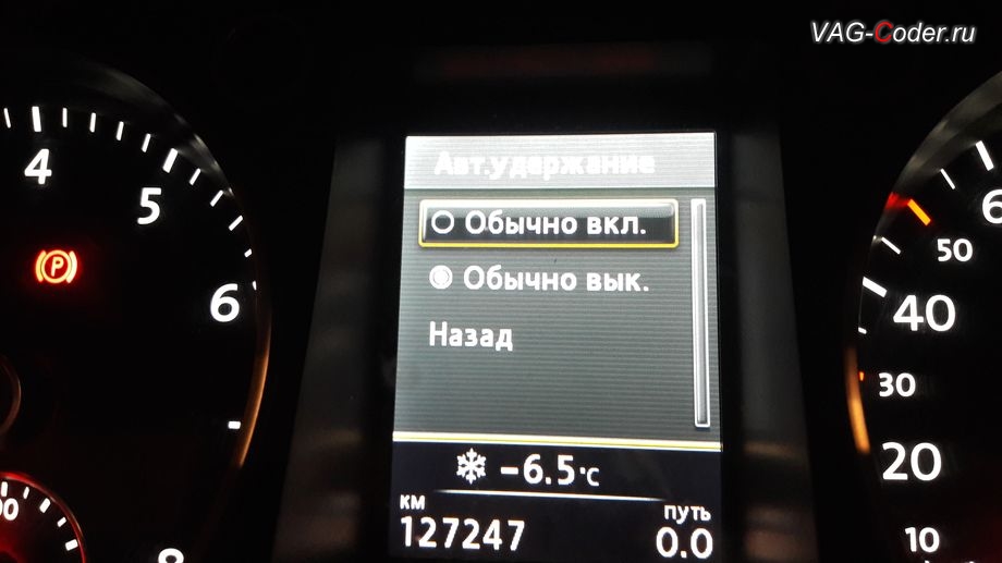 VW Passat B7-2013м/г - настройки дополнительного меню включения и отключения функции Автоматическое удержания (Auto-Hold) в панели приборов, активация и кодирование скрытых функций в VAG-Coder.ru