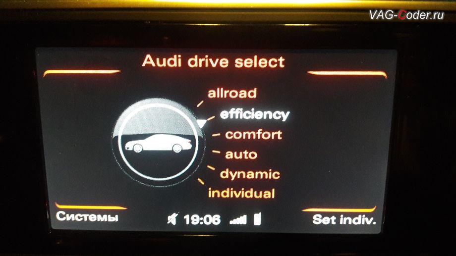 Audi A7-2014м/г - модификация выбора режимов движения Audi Drive Select - добавление пункта Allroard (Алроад, режим Внедорожный) и Efficiency (Эфишэнси, режим Эко), активация и кодирование пакета скрытых заводских функций и перепрошивка руля в Audi RS7 с динамическим изменением усилия затяжки руля в зависимости от скорости движения на Ауди А7 в VAG-Coder.ru в Перми