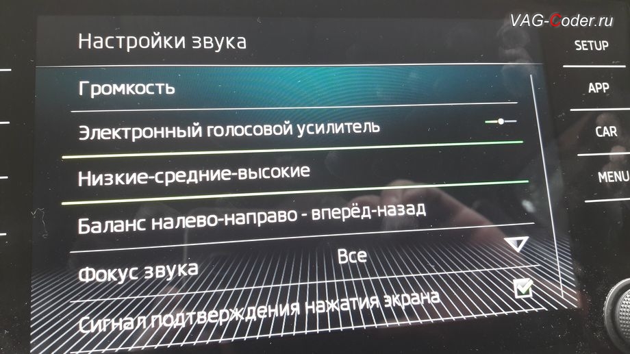 Skoda Kodiaq-2019м/г - стоковые настройки управления звуком штатной магниты, программная разблокировка звуковых ограничений (параметрирование), активация и кодирование скрытых функций в VAG-Coder.ru в Перми