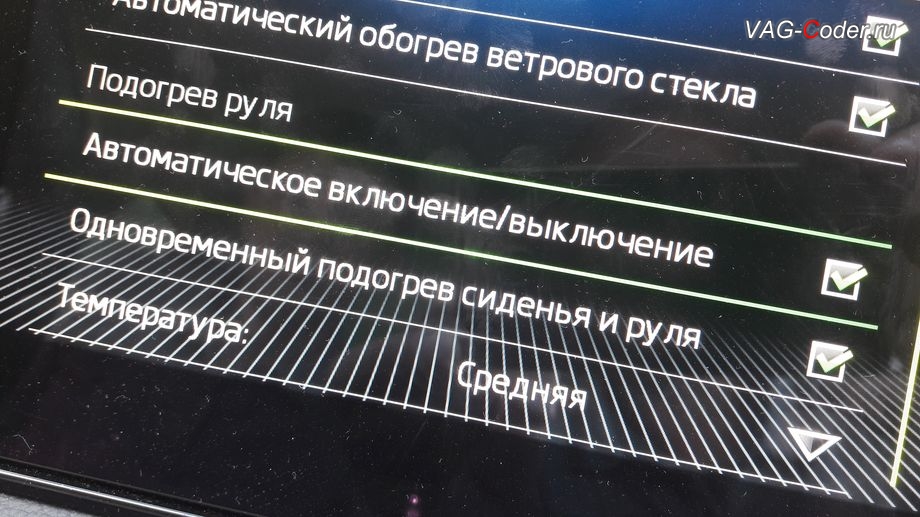 Skoda Kodiaq-2019м/г - активация функции и меню управления автоматического включения подогрева руля, активация и кодирование скрытых функций в VAG-Coder.ru в Перми