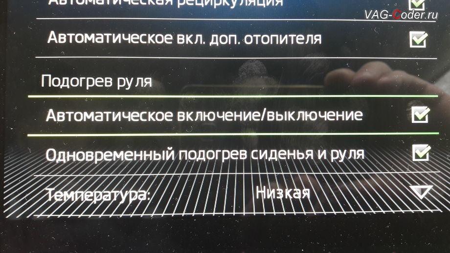 Skoda Kodiaq-2019м/г - активация функции и меню управления автоматического включения подогрева руля, активация и кодирование скрытых функций на Шкода Кодиак в VAG-Coder.ru в Перми