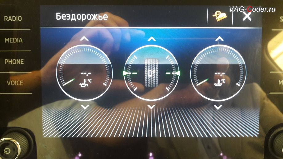 Skoda Kodiaq-2020м/г - экран меню Бездорожье с индикацией ассистента Off Road в магнитоле, доустановка кнопок и активация программных функций ассистентов Drive Mode и Off Road в VAG-Coder.ru в Перми