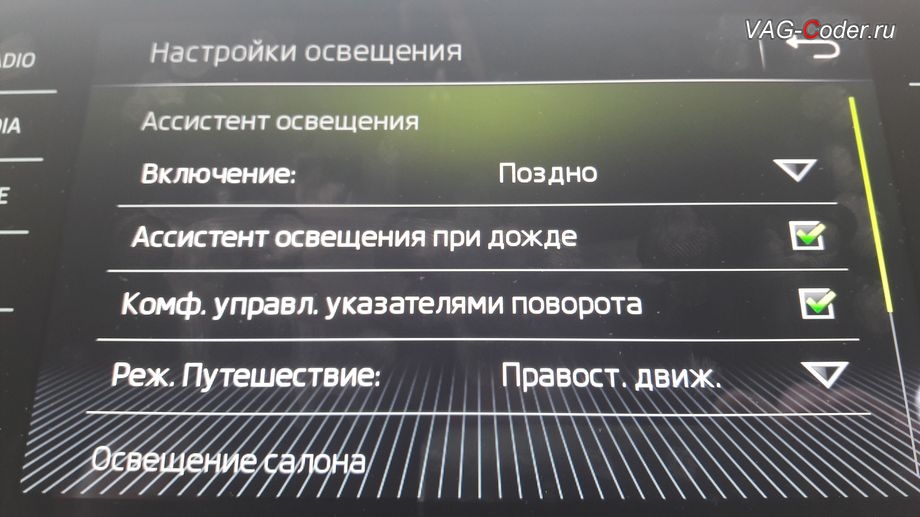 Skoda Kodiaq-2019м/г - в стоке нет никакой возможности отключить весь свет даже, если переключатель света установить в 0, активация и кодирование скрытых функций в VAG-Coder.ru в Перми