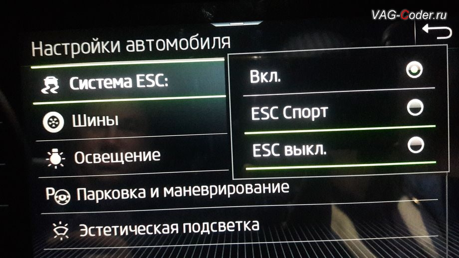 Skoda Kodiaq-2021м/г - активация режима ESC Спорт и полного отключения ESС выкл. (например, полностью выключить ESС для того, чтобы выехать, если автомобиль застрял), модификация режимов работы функции ESC (стабилизации курсовой устойчивости), активация и кодирование пакета скрытых заводских функций на Шкода Кодиак в VAG-Coder.ru в Перми