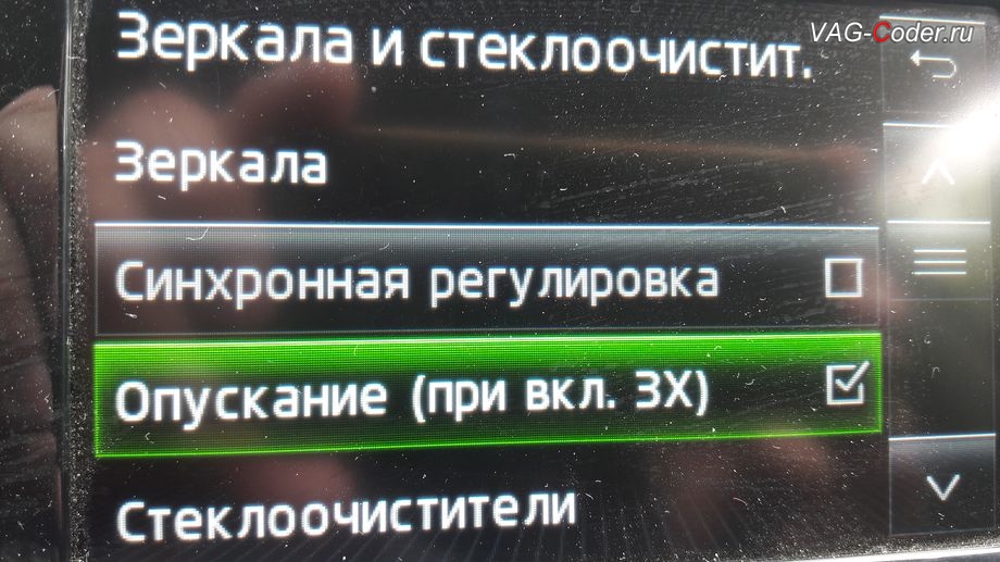 Skoda Octavia A7-2015м/г - активация функции опускания зеркала на стороне пассажира при движении задним ходом, активация и кодирование скрытых функций в VAG-Coder.ru в Перми