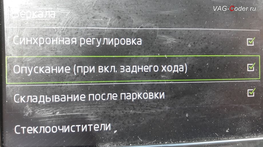 Skoda Octavia A7-2016м/г - активация функции опускания зеркала на стороне пассажира при движении задним ходом, активация и кодирование пакета скрытых заводских функций функций на Шкода Октавия А7 в VAG-Coder.ru в Перми
