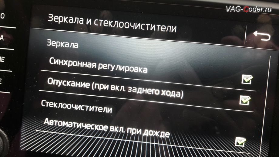 Skoda Octavia A7 FL-2018м/г - активация функции опускания зеркала на стороне пассажира при движении задним ходом, активация и кодирование скрытых функций в VAG-Coder.ru в Перми