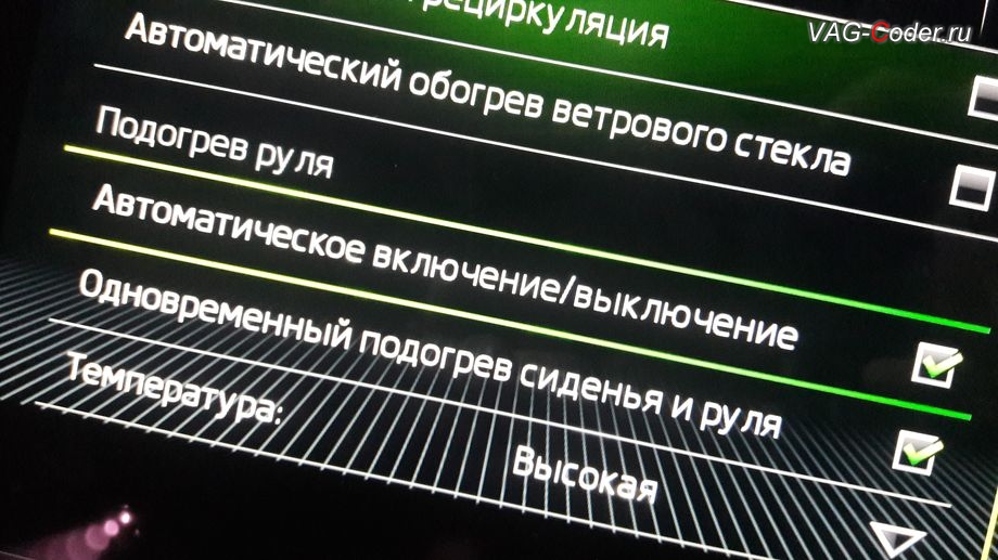 Skoda Octavia A7 FL-2019м/г - активация функции и меню управления автоматического включения подогрева руля, активация и кодирование скрытых функций в VAG-Coder.ru в Перми