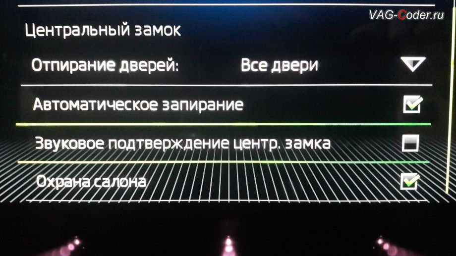 Skoda Octavia A7 FL-2019м/г - активация меню управления Звуковое подтверждение центр. замка при постановке или снятии с охраны автомобиля, активация и кодирование скрытых функций в VAG-Coder.ru в Перми