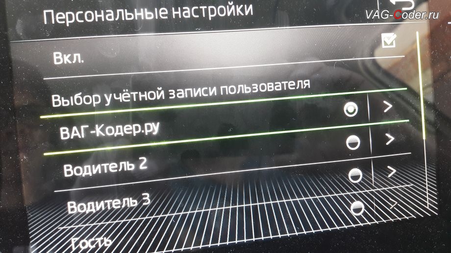 Skoda Octavia A7 FL-2020м/г - выбор профиля в меню Персональные настройки в магнитоле, активация и кодирование пакета скрытых заводских функций функций на Шкода Октавия А7 ФЛ в VAG-Coder.ru в Перми