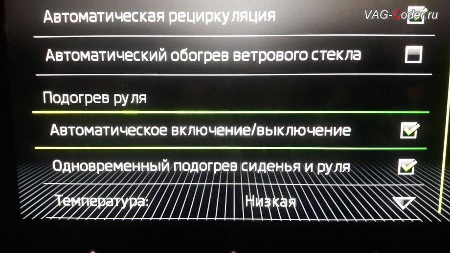 Skoda Octavia A7 FL-2020м/г - активация функции и меню управления автоматического включения подогрева руля, активация и кодирование пакета скрытых заводских функций функций на Шкода Октавия А7 ФЛ в VAG-Coder.ru в Перми