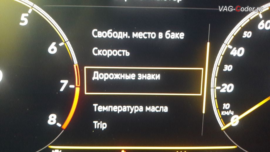 VW Tiguan NF-2019м/г - отдельная вкладка Ассистента Распознавания и отображения дорожных знаков (Traffic Sign Detection, VZE) в панели приборов, доустановка и калибровка на стенде камеры ассистентов в ветровом стекле на Фольксваген Тигуан НФ в VAG-Coder.ru в Перми