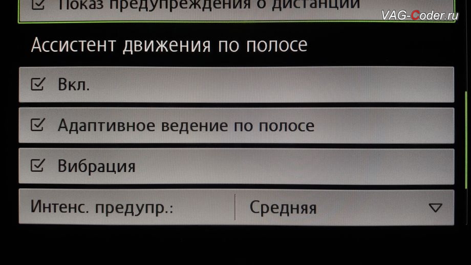 VW Tiguan NF-2019м/г - дополнительные настройки ассистента Движения по полосе в магнитоле - Адаптивное ведение по полосе, активация функций ассистента Движения по полосе (Lane Assist, контроль движения и подруливания в полосе по дорожной разметк) в VAG-Coder.ru в Перми