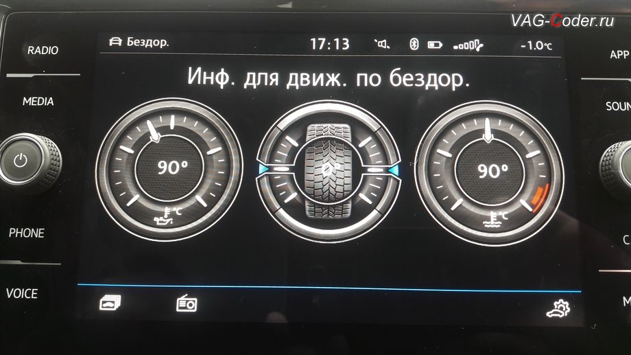VW Tiguan NF-2020м/г - активация меню Бездорожье с отображением температуры охлаждающей жидкости, температуры масла двигателя и отображения угла поворота передних колес в штатной магнитоле, программное кодирование и активация пакета скрытых заводских функций на Фольксваген Тигуан НФ в VAG-Coder.ru в Перми