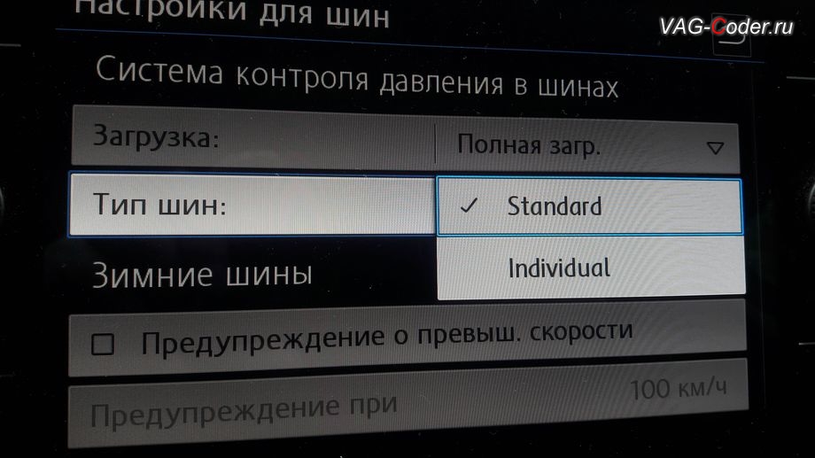 VW Tiguan NF-2020м/г - активация расширенных Индивидуальных настроек системы прямого контроля давления в шинах (RDKS) - Тип шин: Standart и Individual, кодирование и активация пакета скрытых заводских функций на Фольксваген Тигуан НФ в VAG-Coder.ru в Перми