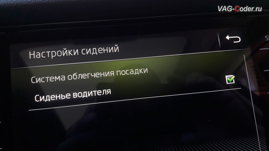 Skoda Kodiaq-2019м/г - активация меню управления функции Системы облегчения посадки - комфортного выхода и посадки водителя (Easy Entry), программная активация и кодирование пакета скрытых заводских функций на Шкода Кодиак в VAG-Coder.ru в Перми