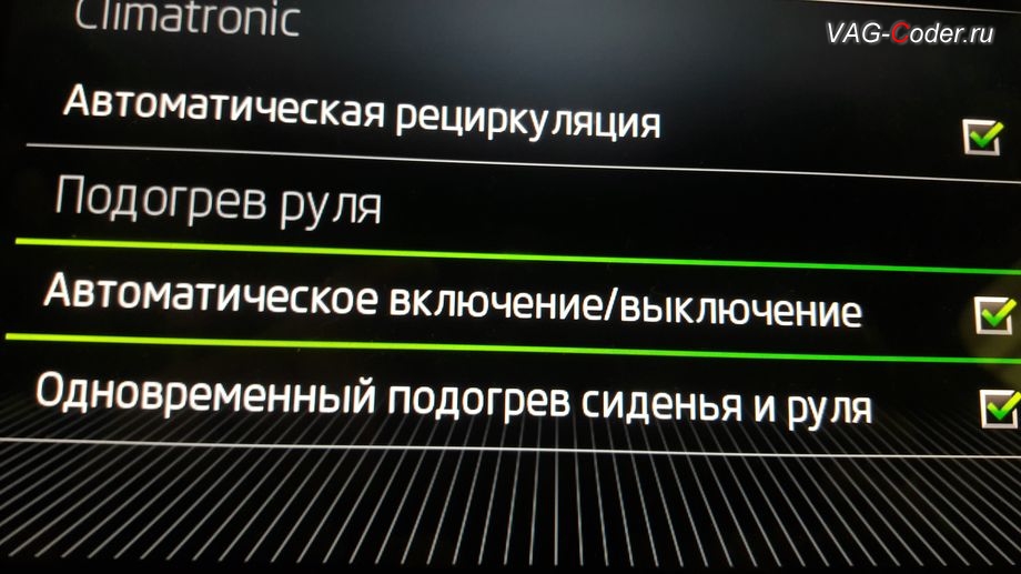 Skoda Kodiaq-2021м/г - программная активация функций работы подогрева руля - Автоматическое включение/выключение и Одновременный подогрев сиденья и руля в меню Климат на экране магнитолы, доустановка мультируля (MFL) со штатным заводским подогревом и подрулевыми лепестками для ручного переключения передач на Шкода Кодиак в VAG-Coder.ru в Перми