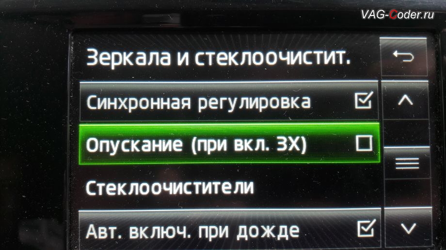 Skoda Octavia A7-2015м/г - активация функции опускания зеркала на стороне пассажира при движении задним ходом, обновление устаревшей прошивки двигателя 1,6MPI(CWVA) и программная активация и кодирование скрытых заводских функций на Шкода Октавия А7 в VAG-Coder.ru в Перми