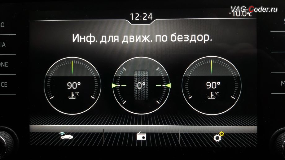 Skoda Octavia A7 FL-2018м/г - активация меню Бездорожье с отображением температуры охлаждающей жидкости и отображения угла поворота передних колес в штатной магнитоле, обновление устаревшей прошивки автоматической коробки передач АКПП6 (AISIN AG6 G3) устраняющее дерганья, пинки, рывки, задержки и подвисания переключения передач до самой последней и актуальной заводской версии, и программная активация и кодирование пакета скрытых заводских функций на Шкода Октавия А7 ФЛ в VAG-Coder.ru в Перми