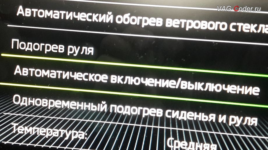 Skoda Octavia A7 FL-2020м/г - активация функции и меню управления автоматического включения подогрева руля, программная активация и кодирование пакета скрытых заводских функций, и активация памяти по выбранному режиму функции Drive Mode в DSG на Шкода Октавия А7 ФЛ в VAG-Coder.ru в Перми