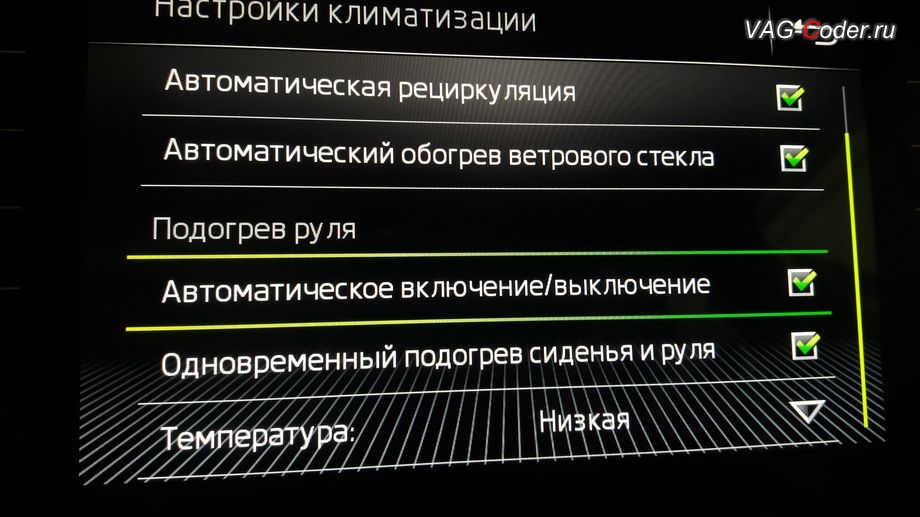 Skoda Superb 3-2018м/г - программная активация функций работы подогрева руля - Автоматическое включение/выключение в меню Климат на экране магнитолы, доустановка оригинального мультируля (MFL) со штатным заводским подогревом на Шкода Суперб 3 в VAG-Coder.ru в Перми