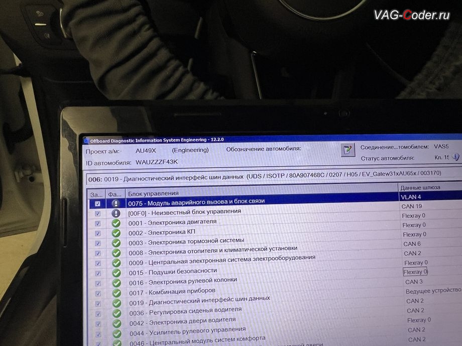 Audi A4 B9 KR-2,0TFSI-DSG7-2019м/г - в процессе выполнения работ по программно-аппаратному отключению блока управления телематики (ConBox, 75-й блок), программно-аппаратное отключение блока управления телематики и устранение ошибки SOS - Функция экстренного вызова: Неисправность! Функция недоступна Обратитесь в сервис на Ауди А4 Б9 Корея в VAG-Coder.ru в Ростов-на-Дону