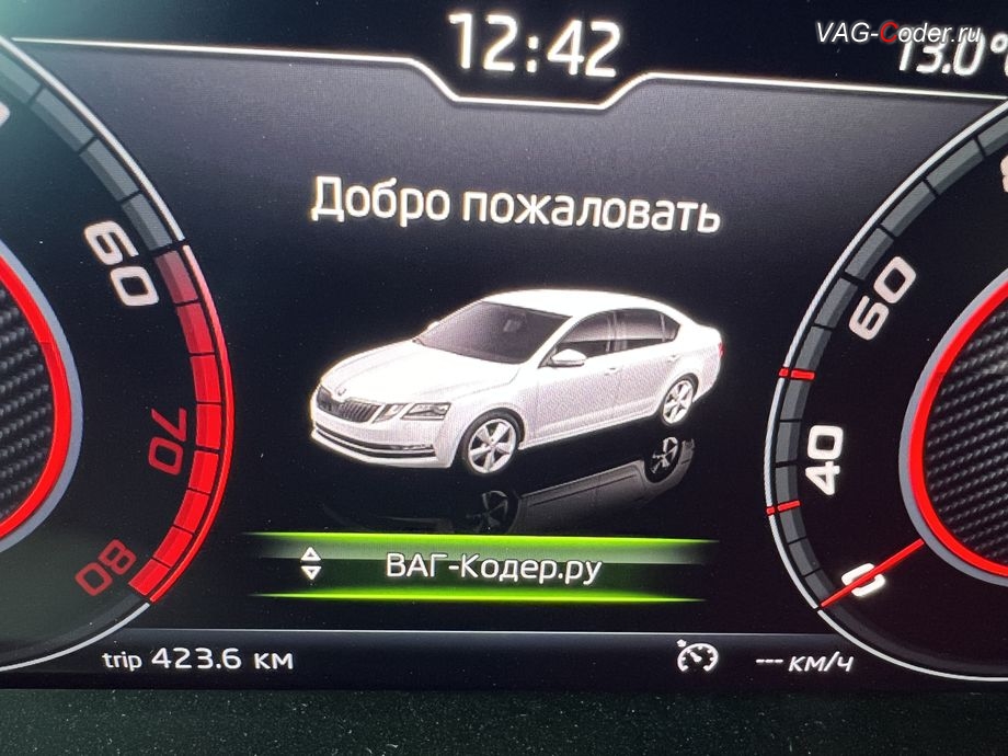 Skoda Octavia A7 FL-2019м/г - активация выбора профиля персональных настроек в панели приборов, обновление устаревшей прошивки штатной магнитолы Bolero MIB2.5 до самой последней и актуальной заводской версии, программная активация и кодирование пакета скрытых заводских функций, и активация расширенного меню управления цветом эстетической подсветки (30-ти различных цветов для эстетической подсветки панели приборов и магнитолы) на Шкода Октавия А7 ФЛ в VAG-Coder.ru в Ростове-на-Дону