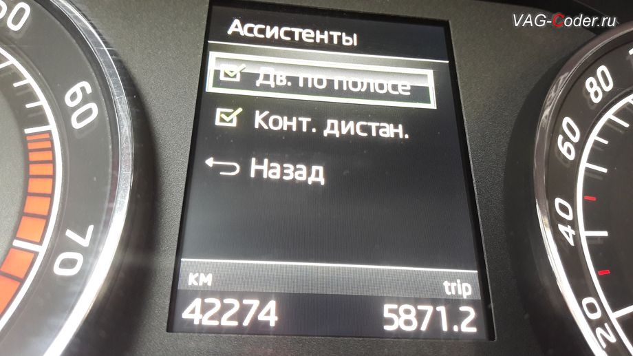 Пункт включения ассистента Движения по полосе в панели приборов, активация функций ассистента Движения по полосе (Lane Assist, подруливания автомобиля по дорожной разметке) в VAG-Coder.ru