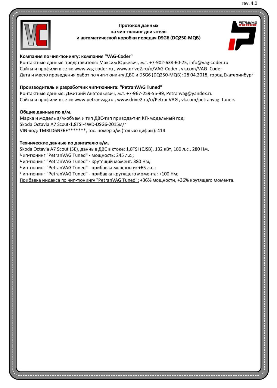 Skoda Octavia A7 Scout(414)-1,8TSI(CJSB)-4х4-DSG6-2015м/г - Протокол данных ДВС и DSG на чип-тюнинг PetranVAG-Tuned от VAG-Coder.ru