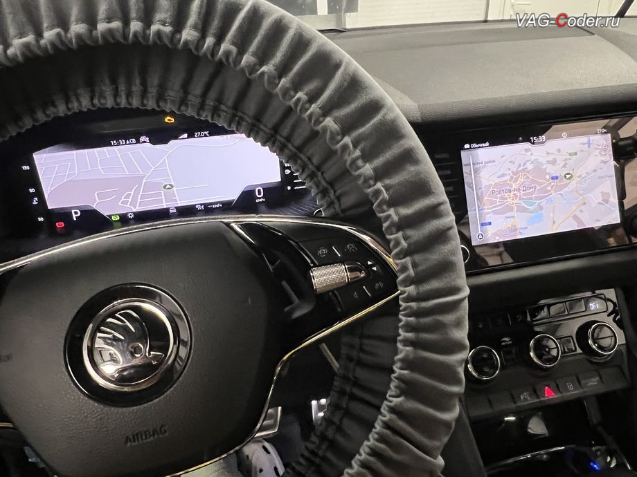 Skoda Kodiaq-2021м/г - разблокировка одновременного вывода картинки штатной Навигационной системы (NAV) на экране магнитолы MIB3 и в панели комбинации приборов, обновление устаревшей прошивки блока управления штатной магнитолы MIB3 и обновленик устаревшей базы данных навигационных карт, программная разблокировка и активации работы Навигационной системы (NAV) на магнитоле MIB3, программная активации и кодирование ассистента Распознавания дорожных знаков (VZE, Traffic Sign Detection), и программная активации и кодированию пакета скрытых заводских функций на Шкода Кодиак в VAG-Coder.ru в Ростове-на-Дону