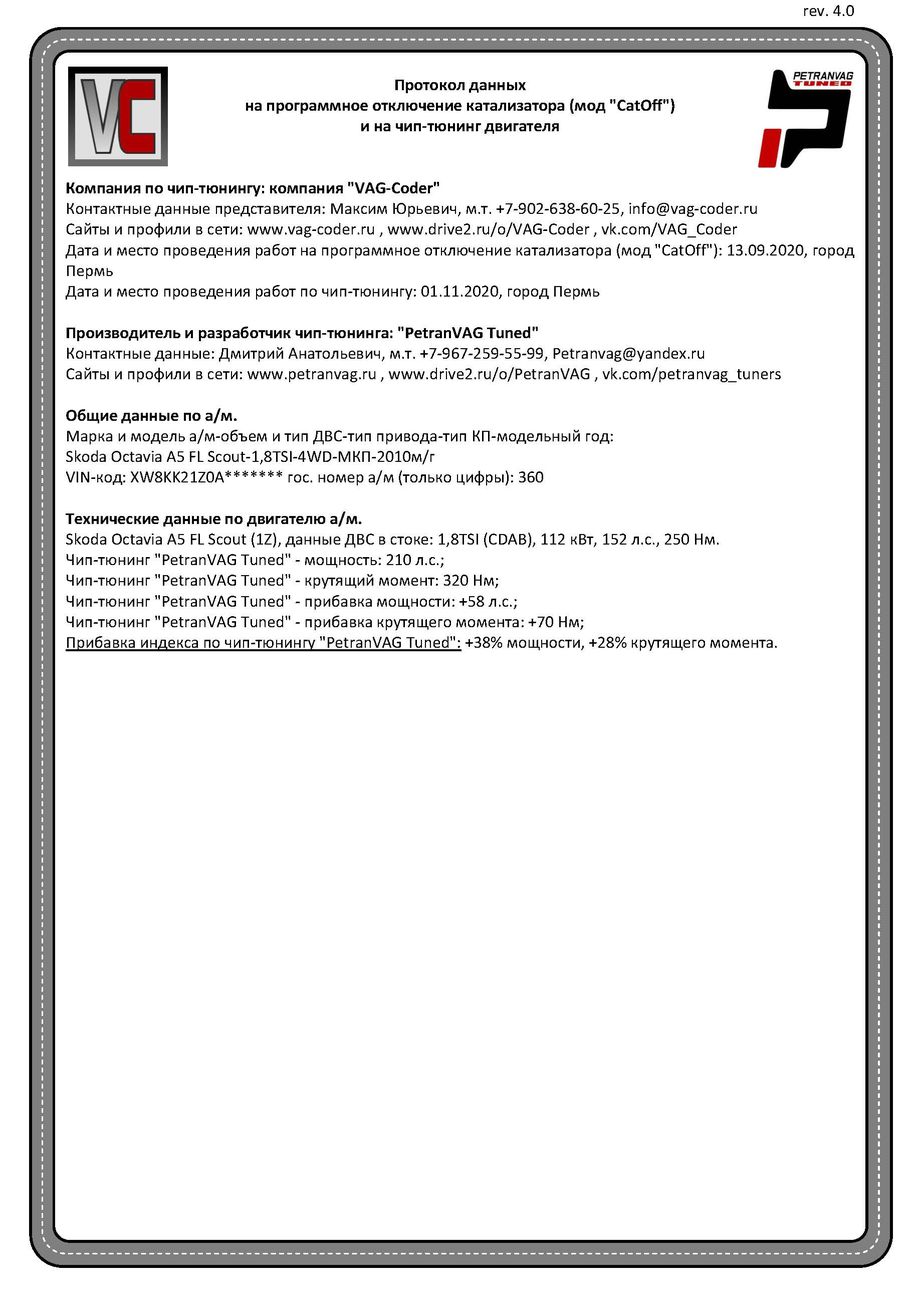 Skoda Octavia A5 FL Scout(360)-1,8TSI(CDAB)-4х4-МКП6-2010мг - Протокол данных на мод CatOff и и чип-тюнинг двигателя от PetranVAG-Tuned в VAG-Coder.ru в Перми