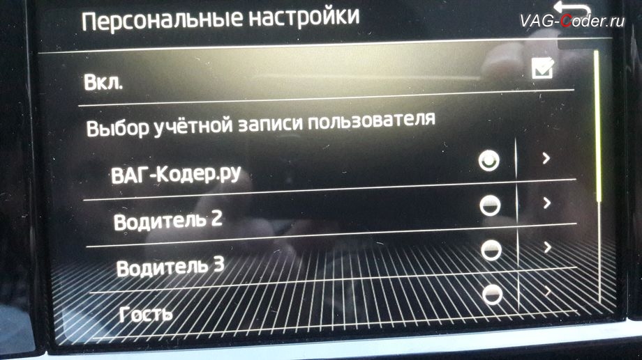 Skoda Octavia A7 FL-2020м/г - выбор профиля в меню Персональные настройки в магнитоле, активация и кодирование пакета скрытых заводских функций функций на Шкода Октавия А7 ФЛ в VAG-Coder.ru в Перми