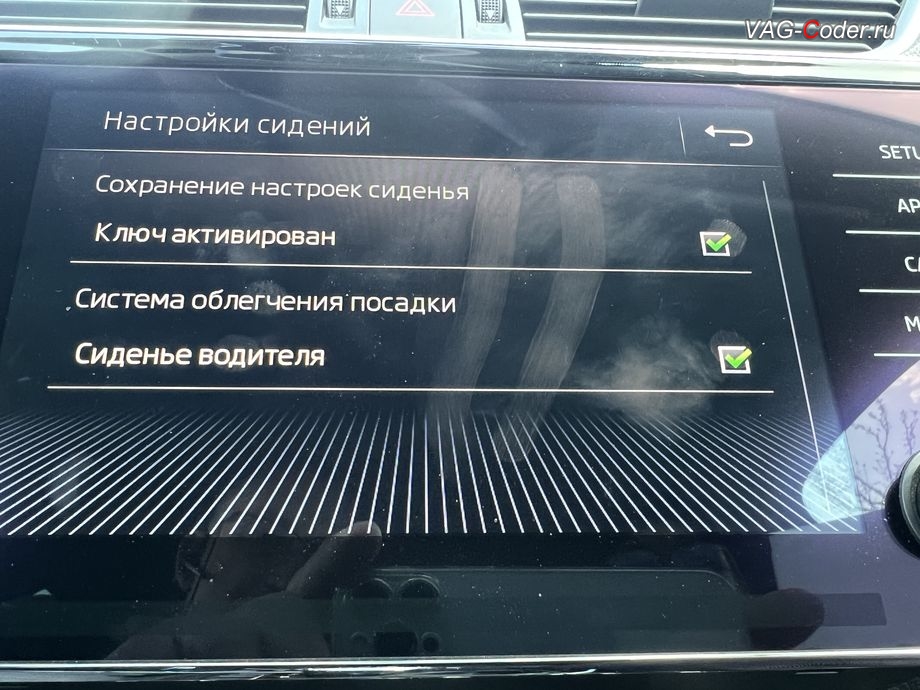 Skoda Superb 3-2019м/г - активация меню управления функции Системы облегчения посадки - комфортного выхода и посадки водителя (Easy Entry) с управлением включения через меню в магнитоле, чип-тюнинг двигателя 1,8TSI(CJSA) до 230 л.с. и 300 Нм от PetranVAG Tuned, и кодирование и активация пакета скрытых заводских функций на Шкода Суперб 3 в VAG-Coder.ru в Ростове-на-Дону