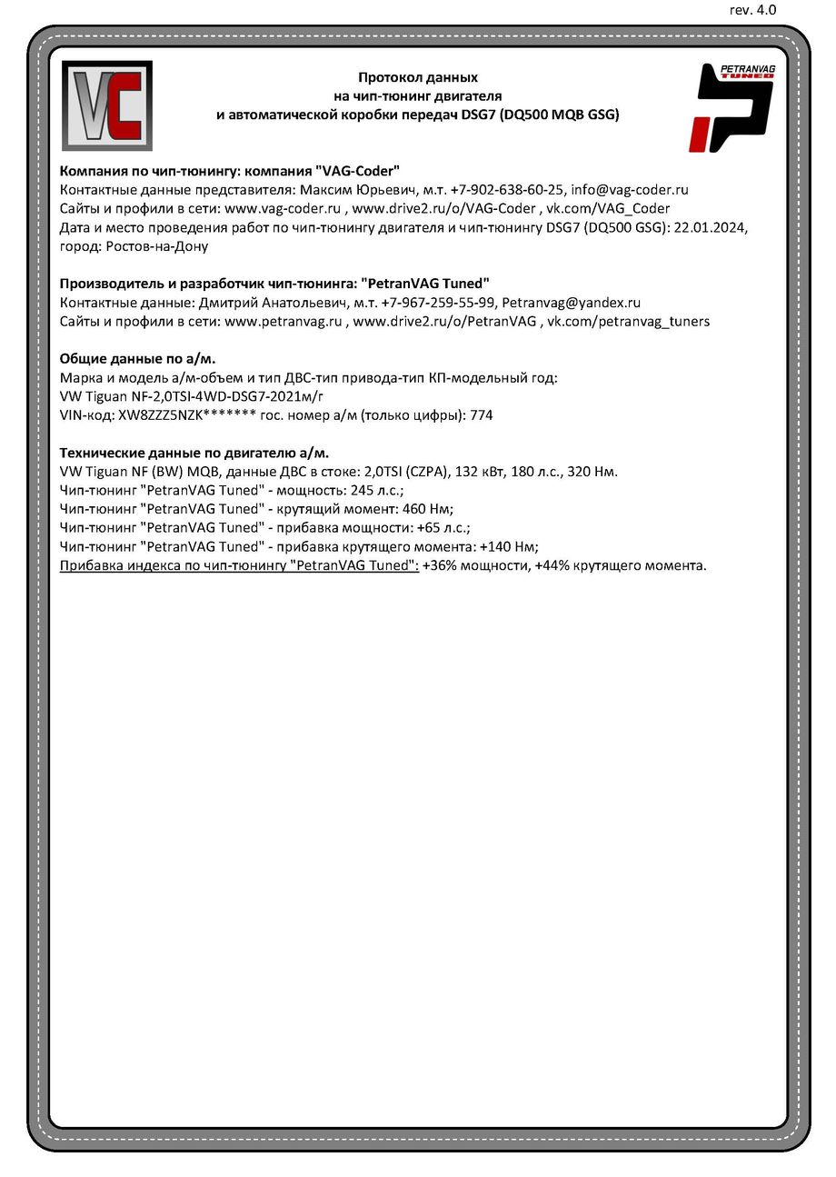 VW Tiguan NF(774)-2,0TSI(CZPA)-4х4-DSG7-2019м/г - Протокол данных ДВС и DSG на чип-тюнинг PetranVAG-Tuned от VAG-Coder.ru в Ростове-на-Дону