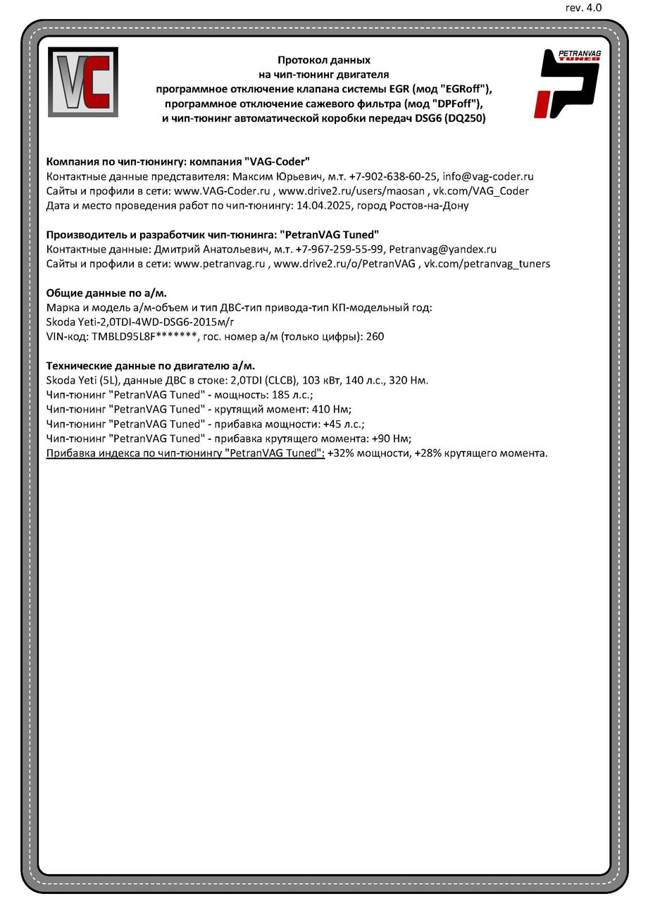 Skoda Yeti(260)-2,0TDI(CLCB)-4х4-DSG6-2015м/г - Протокол данных ДВС, мод EGROff, мод DPoff и DSG6 на чип-тюнинг PetranVAG-Tuned от VAG-Coder.ru в Ростове-на-Дону