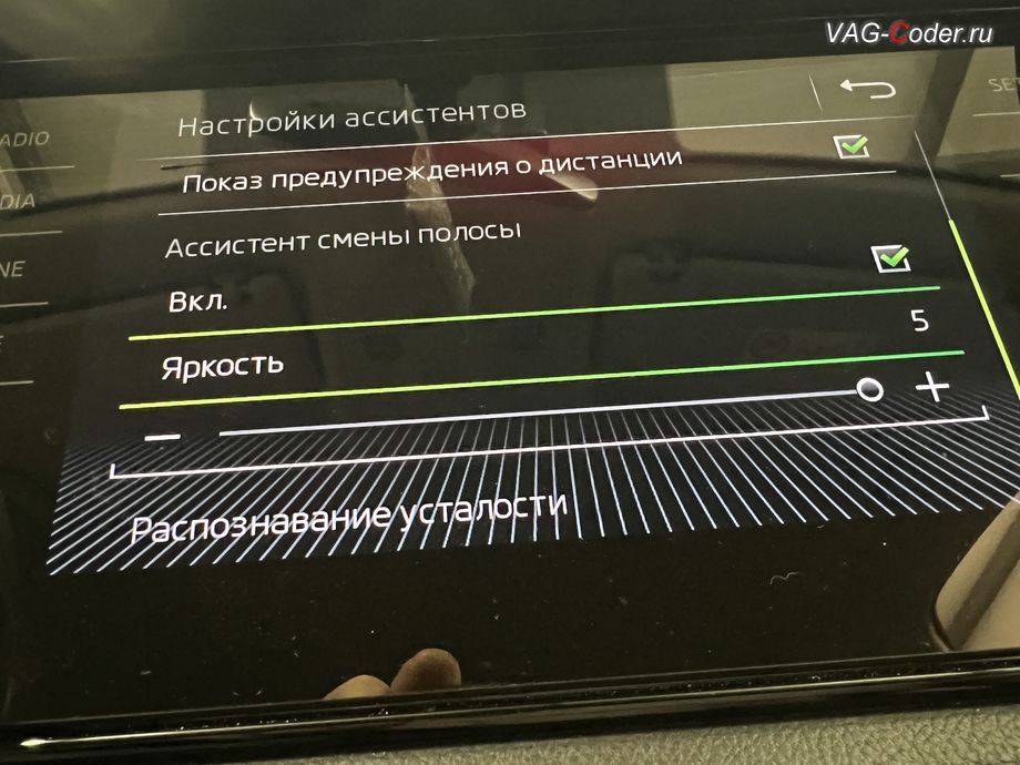 Skoda Kodiaq-2019м/г - меню включения Ассистента контроля слепых зон и смены полосы (Side Assist, BSD, Blind Spot Detection) и управления яркостью индикаторов, доустановка Ассистента контроля слепых зон и смены полосы (Side Assist, BSD, Blind Spot Detection) и Ассистента выезда с парковки (Rear Traffic Alert, RTA) на Шкода Кодиак в VAG-Coder.ru в Ростове-на-Дону