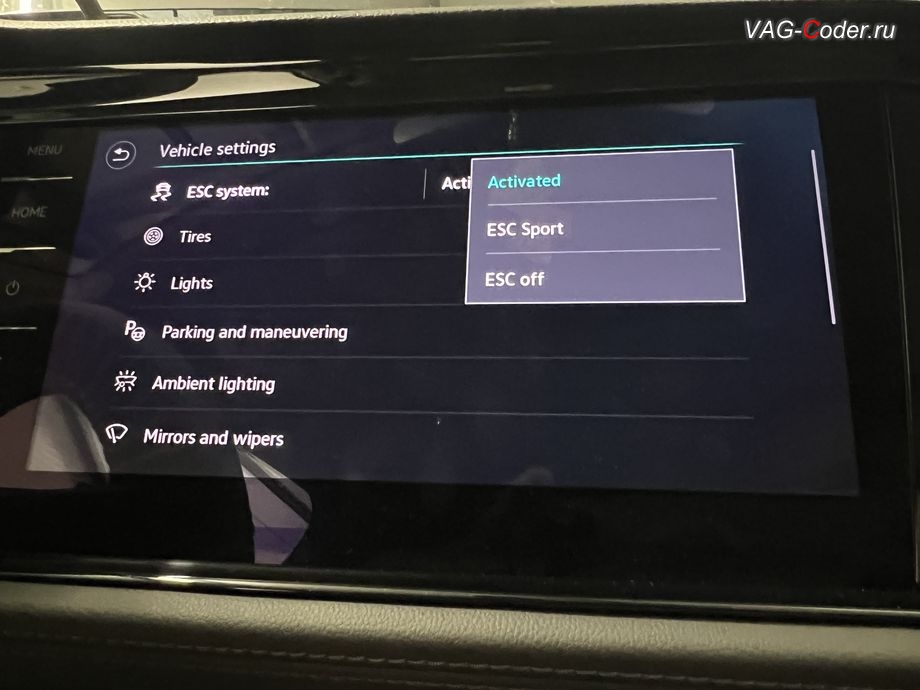 VW Sagitar-2021м/г - активация режима ESC Спорт и полного отключения ESС выкл. (например, полностью выключить ESС для того, чтобы выехать, если автомобиль застрял) - модификация режимов работы функции ESC (стабилизации курсовой устойчивости), русификация цифровой панели комбинации приборов (AID, Active Info Displаy), программное отключение активации аккаунта к онлайн сервисам - отключение входа аккаунта Welcome - Online service with you all the way на магнитоле магнитоле, программная активации функции Android Auto пакета функции App-Connect, и программная активация и кодированию пакета скрытых заводских функций на Фольксваген Сагитар в VAG-Coder.ru в Ростове-на-Дону