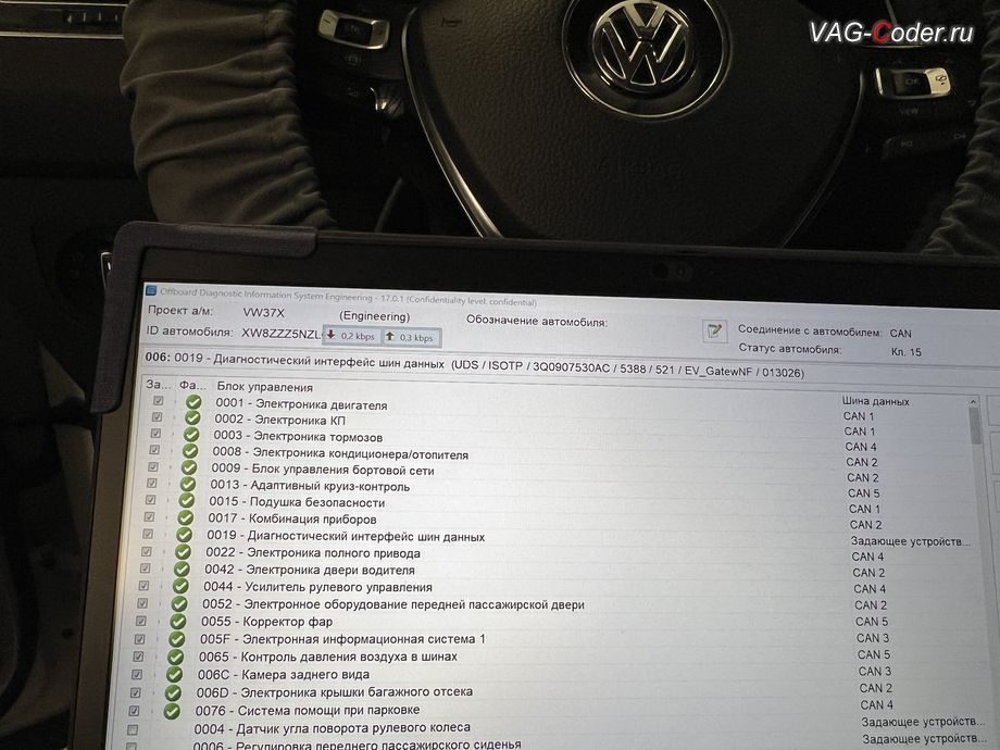 VW Tiguan NF-2020м/г - в процессе выполнения работ по полному программно-аппаратному отключение системы Глонасс из всех систем а/м - устранение ошибки SOS и Красная индикация Глонасс блока управления модуля аварийного вызова и коммуникации Эра-Глонасс (OCULowMQBLGE, 75-й блок) на Фольксваген Тигуан НФ в VAG-Coder.ru в Ростове-на-Дону