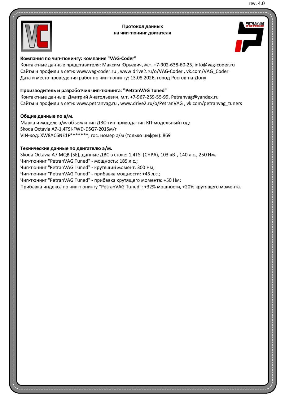 Skoda Octavia A7(869)-1,4TSI(CHPA)-DSG7-2015м/г - Протокол данных ДВС на чип-тюнинг PetranVAG-Tuned от VAG-Coder.ru в Ростове-на-Дону