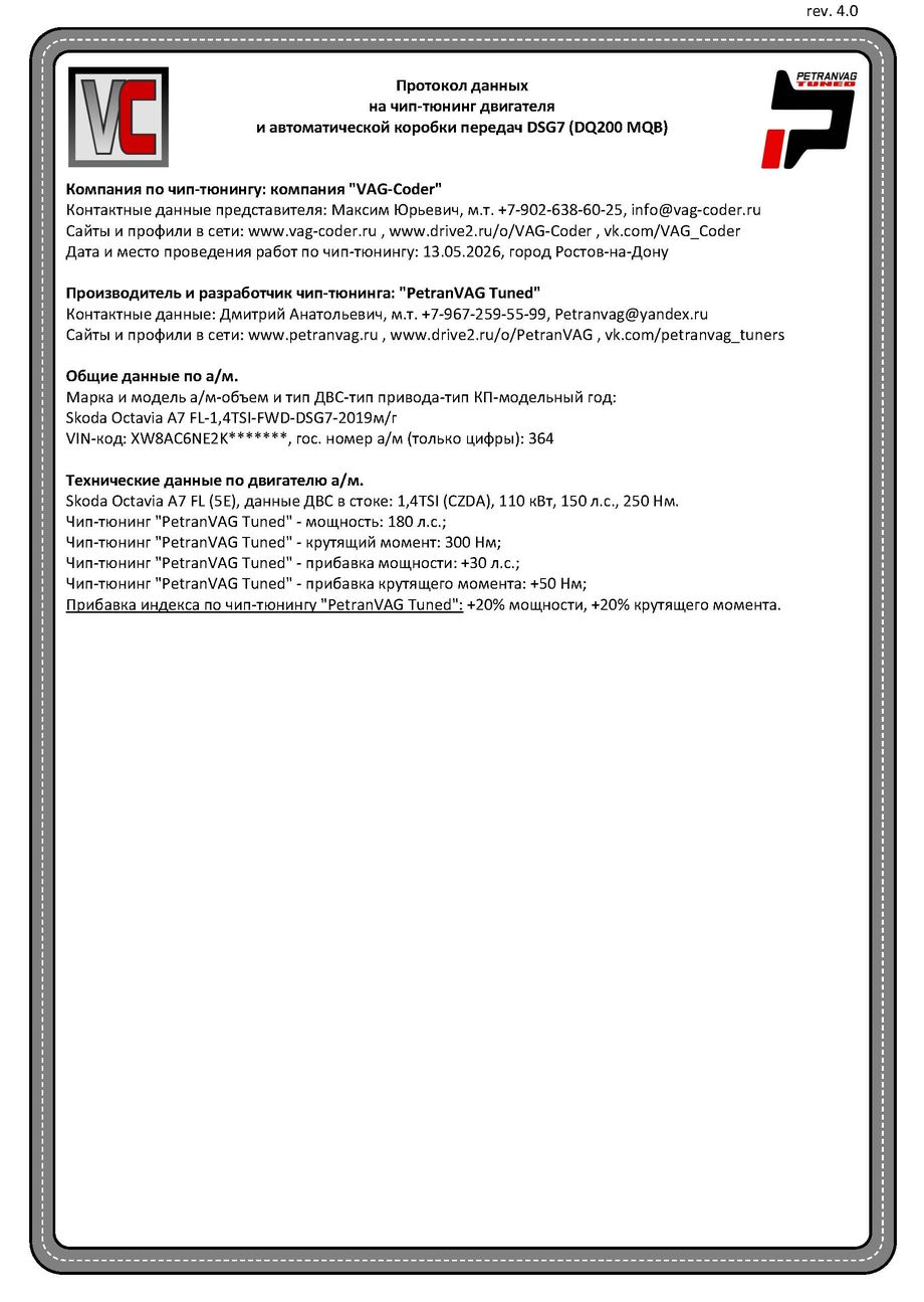 Skoda Octavia A7(364)-1,4TSI(CZDA)-DSG7-2019м/г - Протокол данных ДВС и DSG на чип-тюнинг PetranVAG-Tuned от VAG-Coder.ru в Ростове-на-Дону