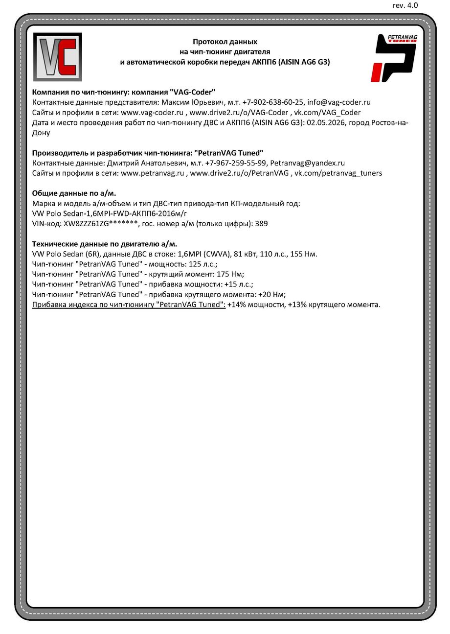VW Polo Sedan(389)-1,6MPI(CWVA)-АКПП6(AISIN AG6 G3)-2016м/г - Протокол данных ДВС и АКПП6 (AISIN AG6 G3) на чип-тюнинг PetranVAG-Tuned от VAG-Coder.ru в Ростове-на-Дону