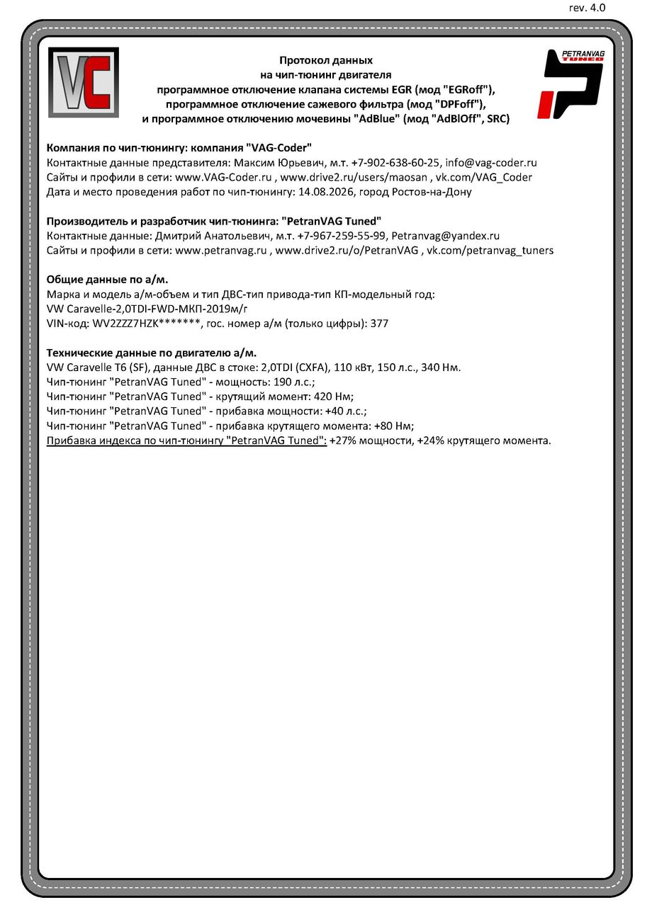 VW Caravella T6(377)-2,0TDI(CXFA)-МКП6-2019м/г - Протокол данных ДВС, мод DPFoff, мод EGROff, и мод AdBlOff на чип-тюнинг PetranVAG-Tuned от VAG-Coder.ru в Ростове-на-Дону