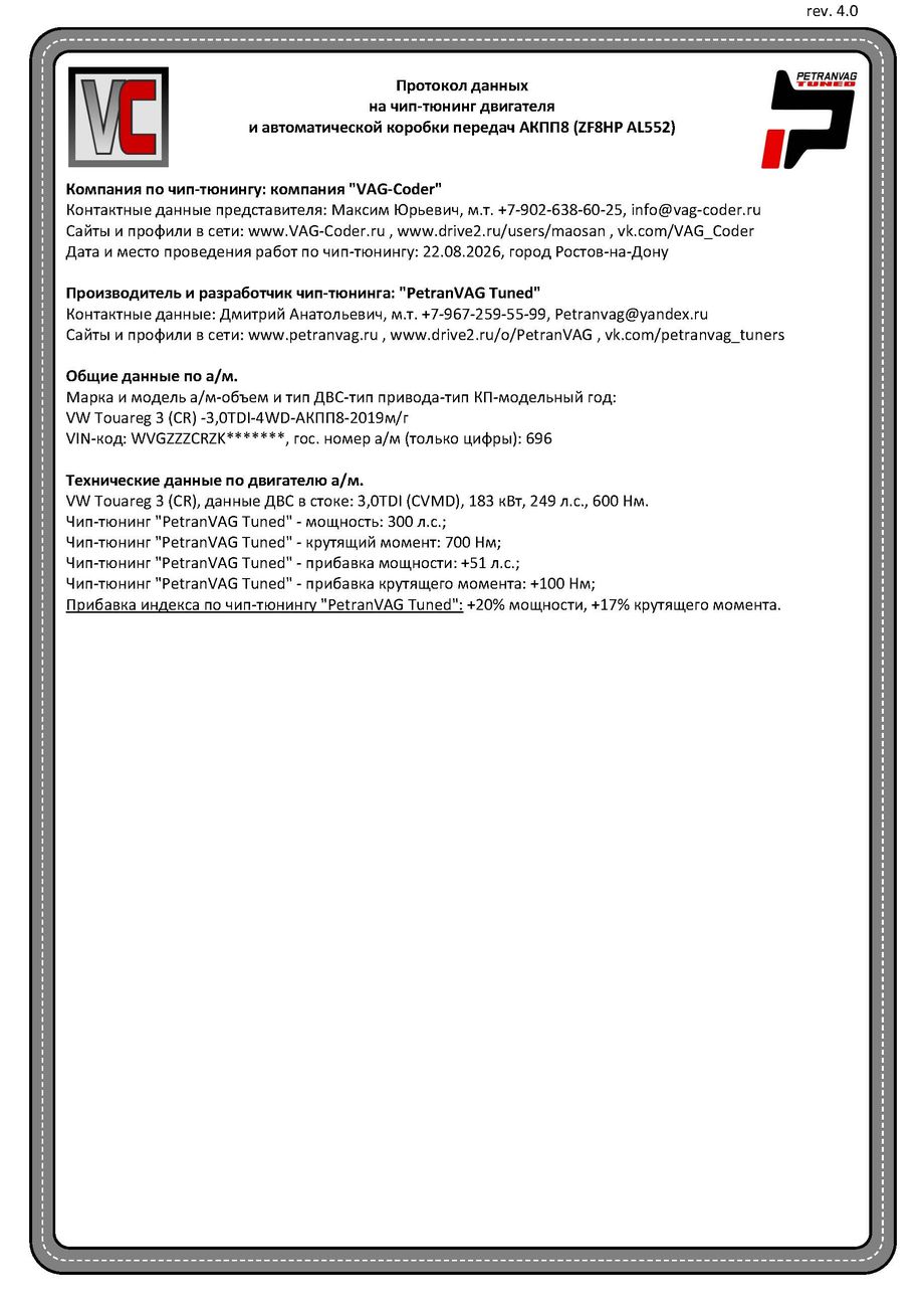 VW Touareg 3(699)-3,0TDI(CVMD)-4х4-АКПП8-2019м/г - Протокол данных ДВС и АКПП8 ZF8HP AL552 на чип-тюнинг PetranVAG-Tuned от VAG-Coder.ru в Ростове-на-Дону