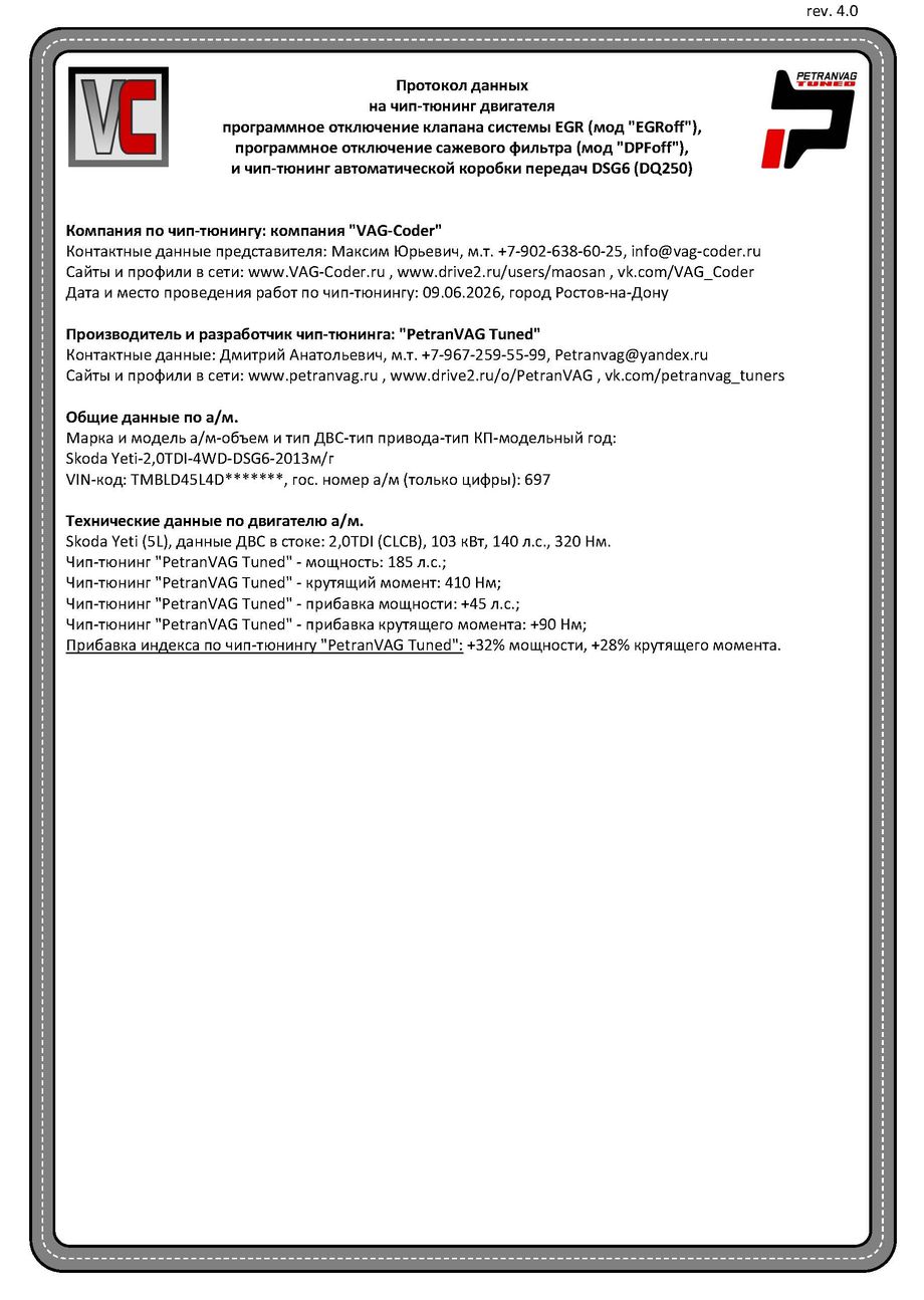Skoda Yeti(697)-2,0TDI(CLCB)-4х4-DSG6-2013м/г - Протокол данных ДВС, мод EGROff, мод DPoff и DSG6 на чип-тюнинг PetranVAG-Tuned от VAG-Coder.ru в Ростове-на-Дону